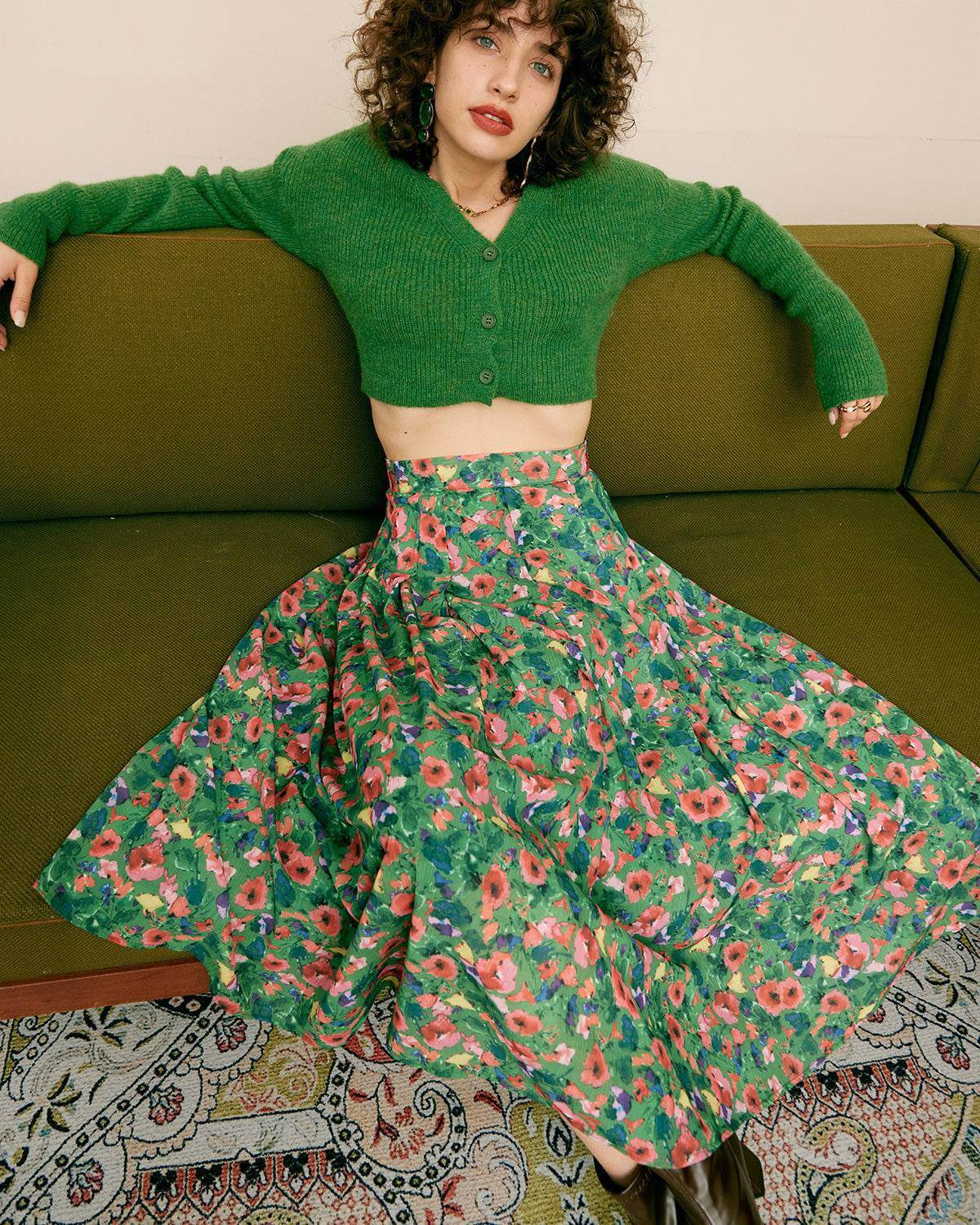 Floral Green Skirt with Solid Top