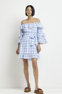 Blue Gingham Bardot Mini Dress