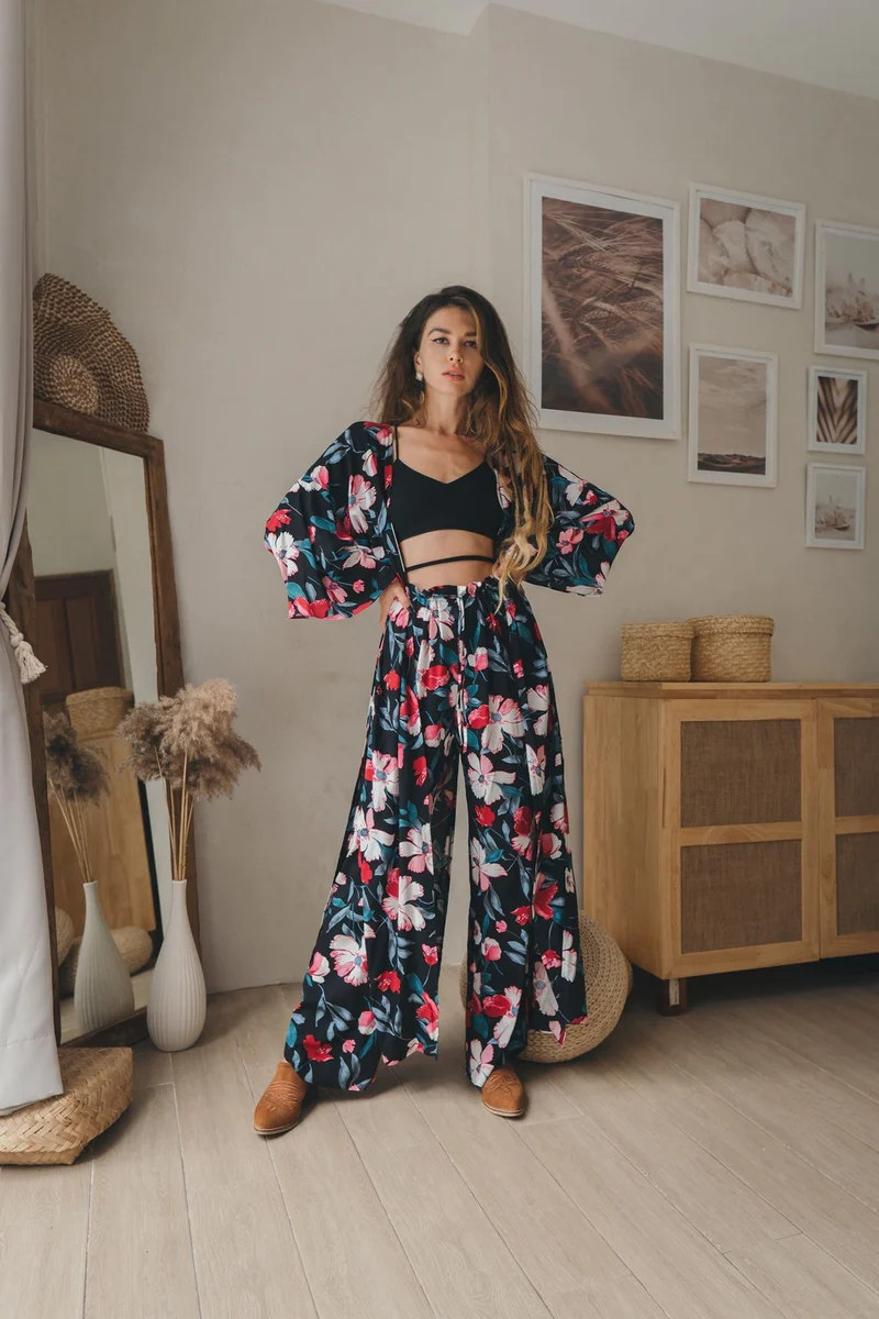 Boho Floral Kimono and Wide-Leg Pants Set