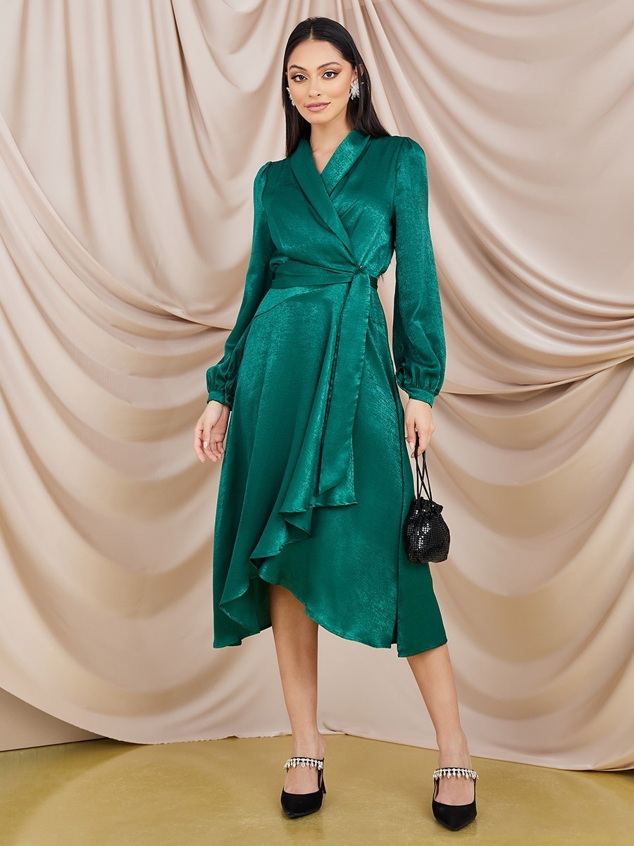 Satin Wrap Front Midi Dress