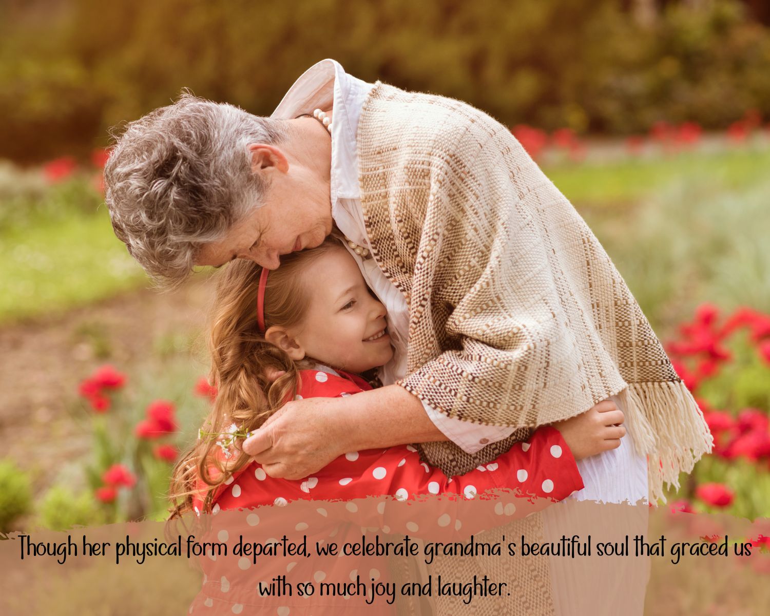 Grandma And Kid Hugging In The Flower Garden